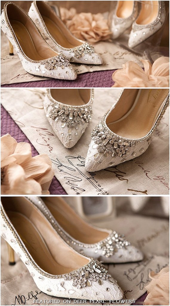 Elegant white lace and crystal wedding shoes