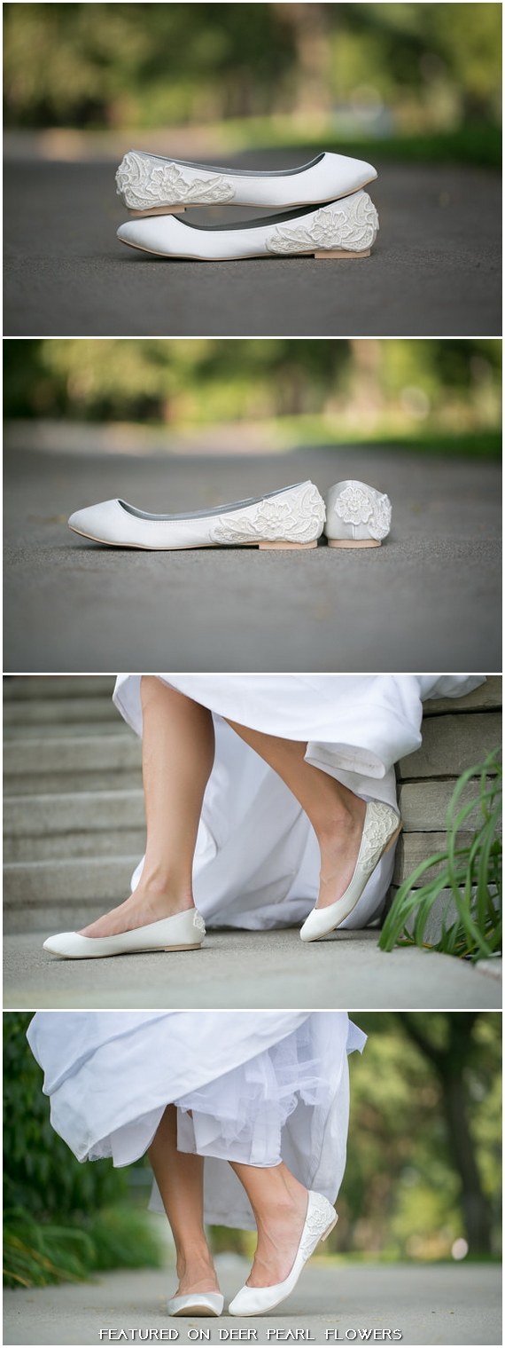 Ivory Satin Wedding Flats with Ivory Lace