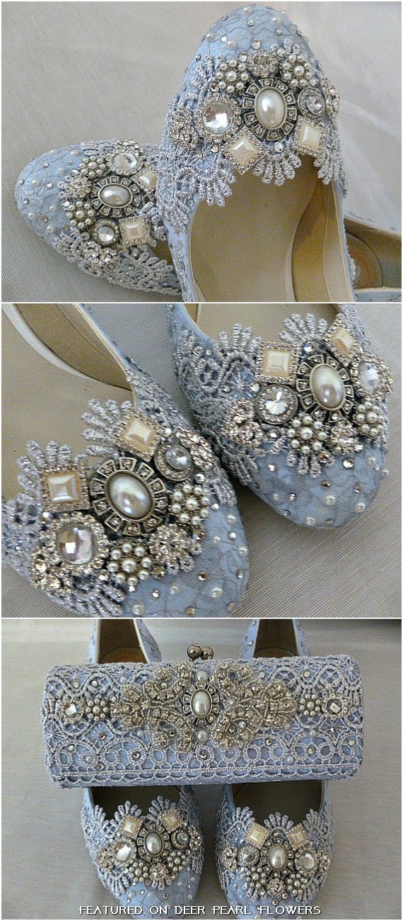 Low Heel Blue Lace Wedding Shoes