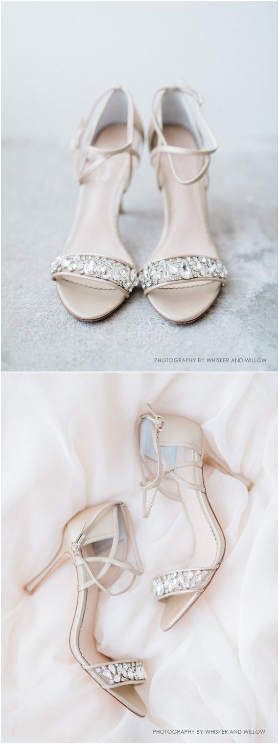 Nude Wedding Shoes Blush Pink Strappy Bridal Heels with Crystals and Mesh
