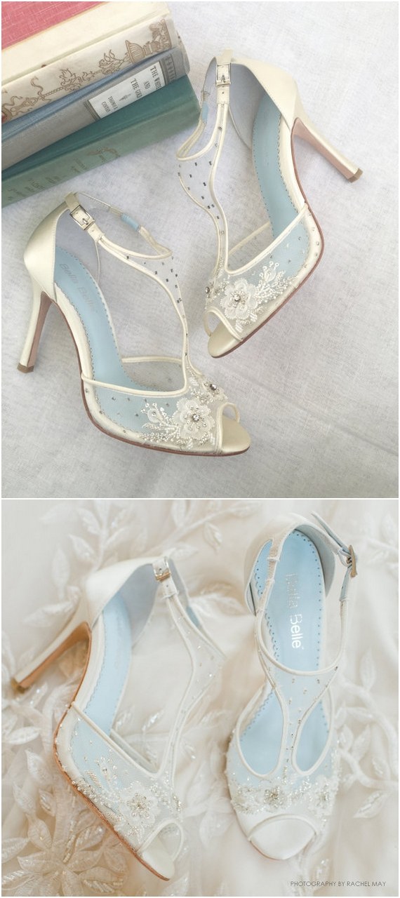 T Strap Wedding Shoes with Beading and Flower Embroidery