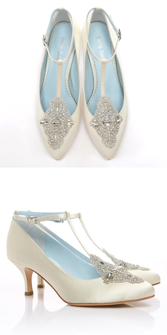 White Wedding Shoes with Crystal Applique T-Strap low