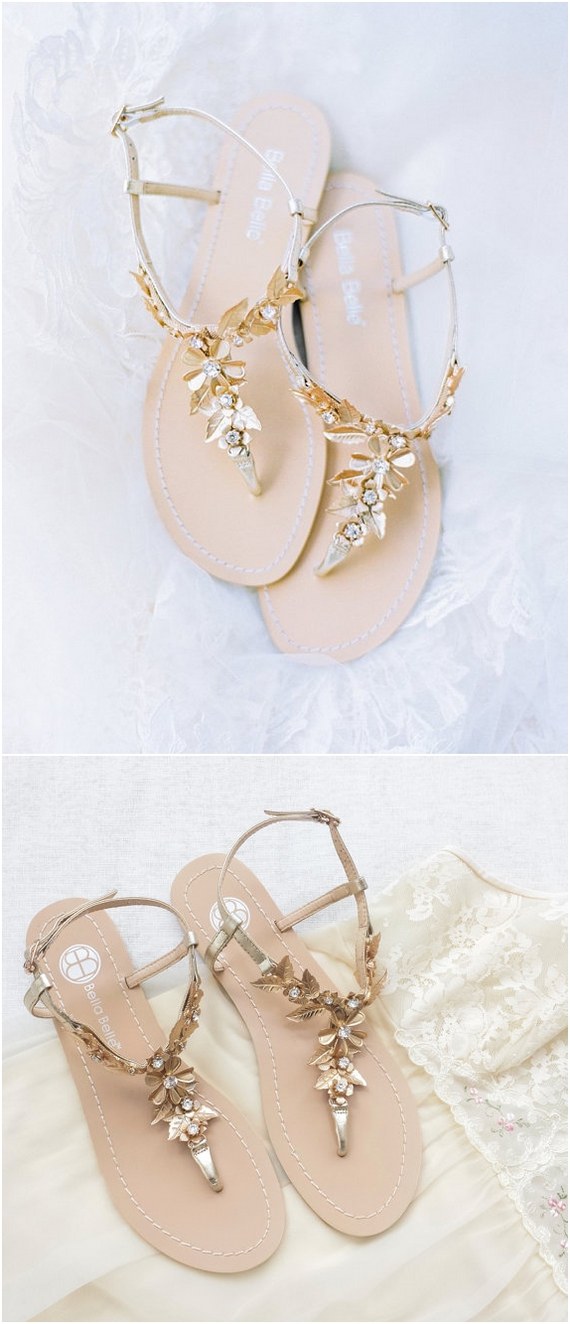 Bohemian Wedding Sandals Shoes with Gold Brass Leaves and Flowers