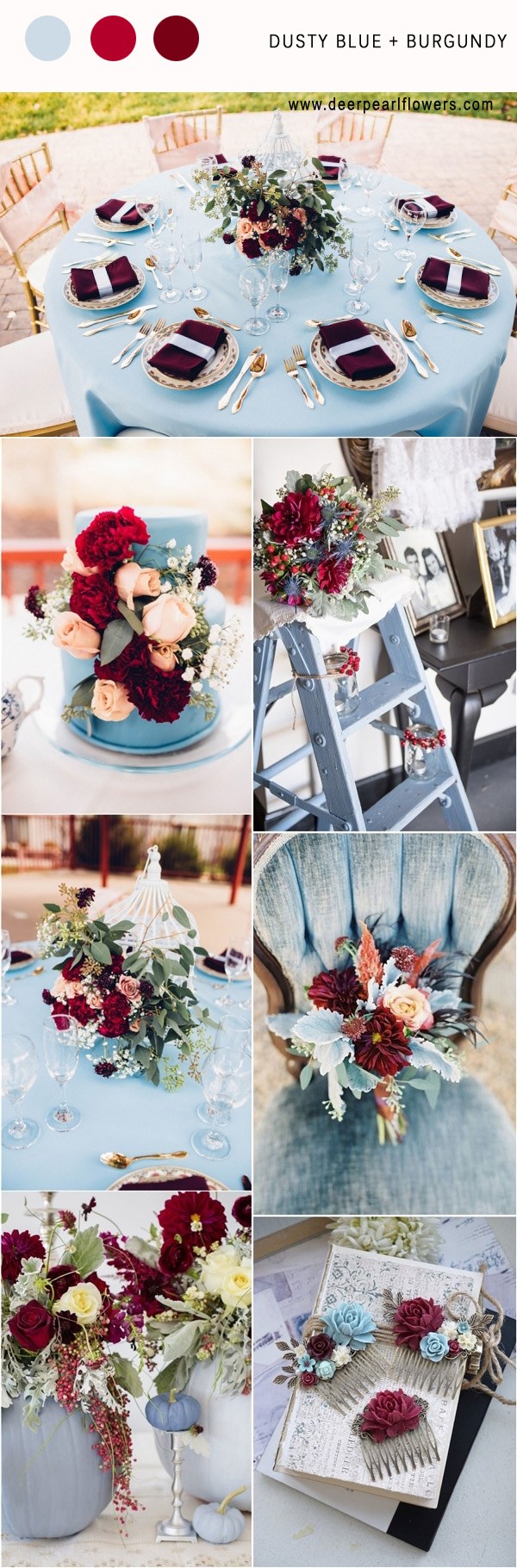 Dusty blue and burgundy wedding color palette idea