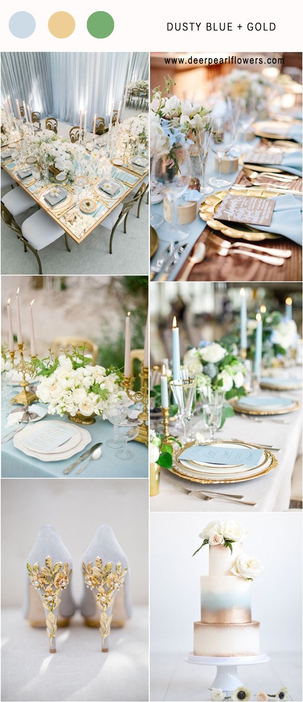 Dusty blue and gold wedding color palette idea