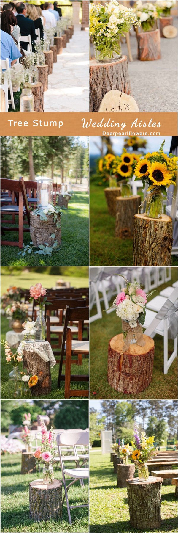 rustic tree stump wedding aisle decor ideas