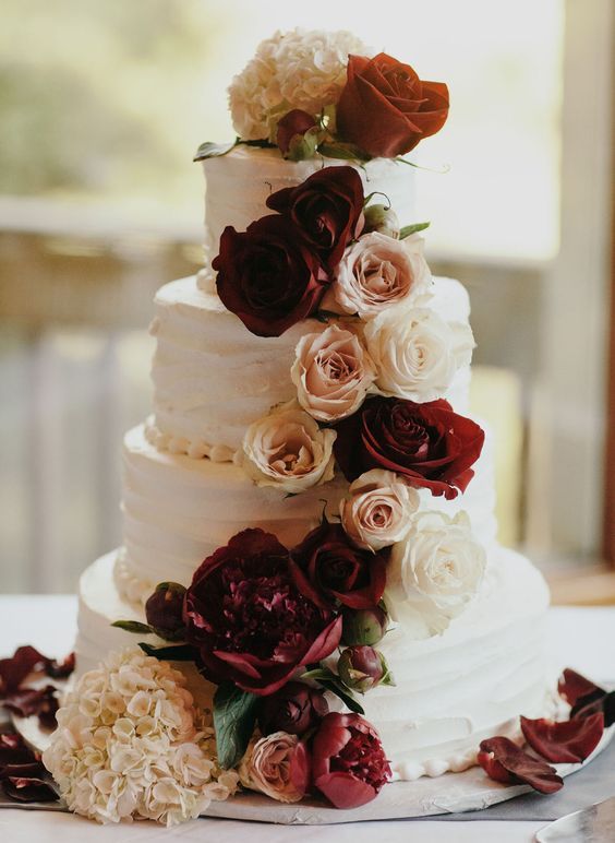 Wedding White Cakes. Elegant White Cake with Chocolate Chips and Burgundy  Flower on Isolated Black Bacground Stock Image - Image of event,  confection: 169479163