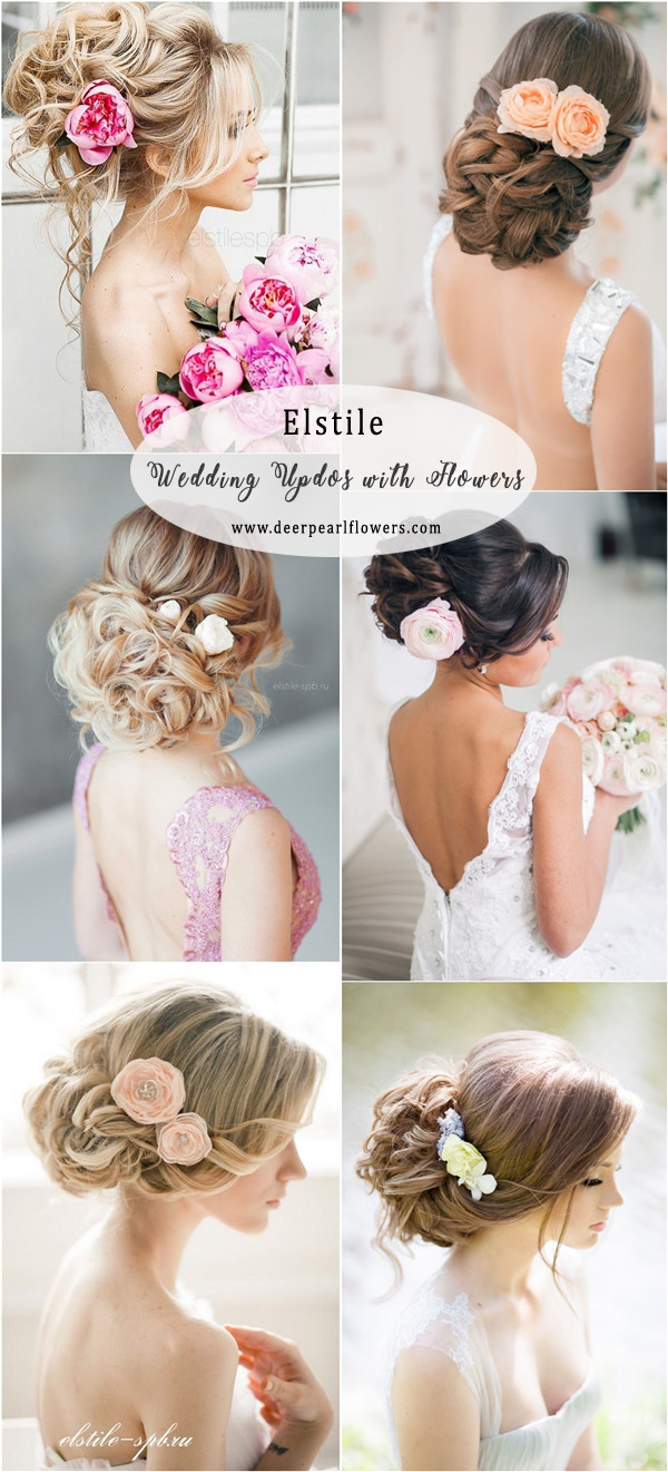 Elstile Long Wedding Updo Hairstyles with Flowers