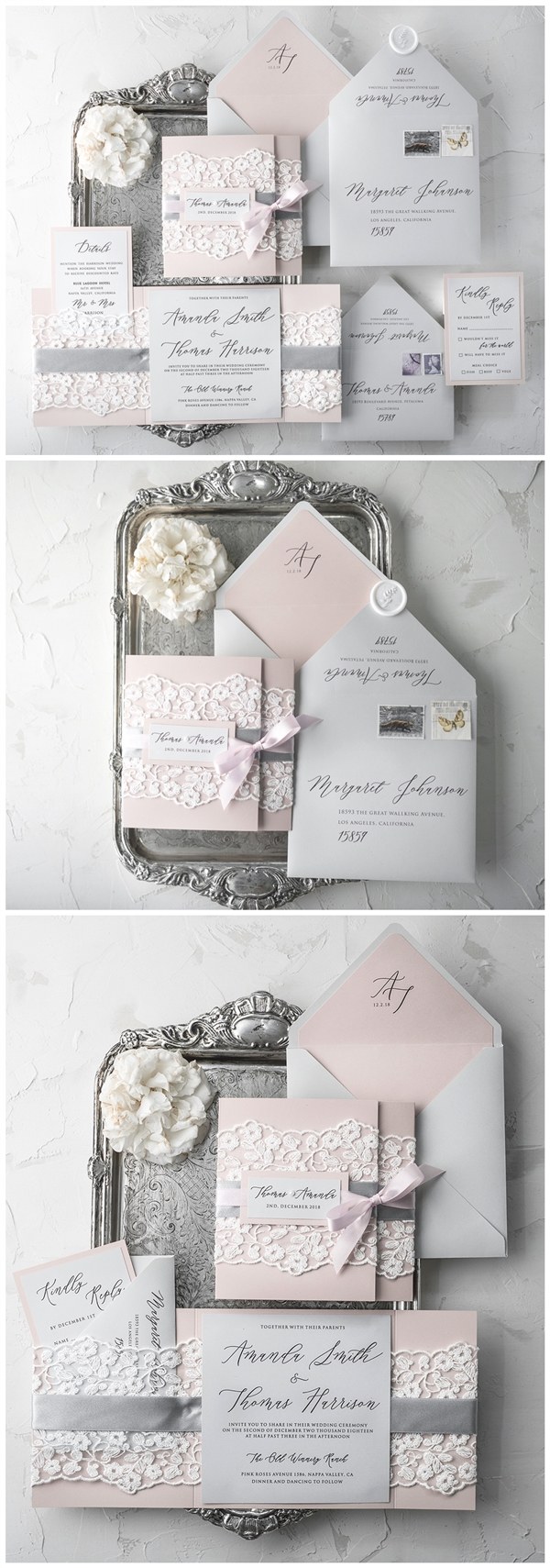 Grey and pink vinatge lace wedding invitations