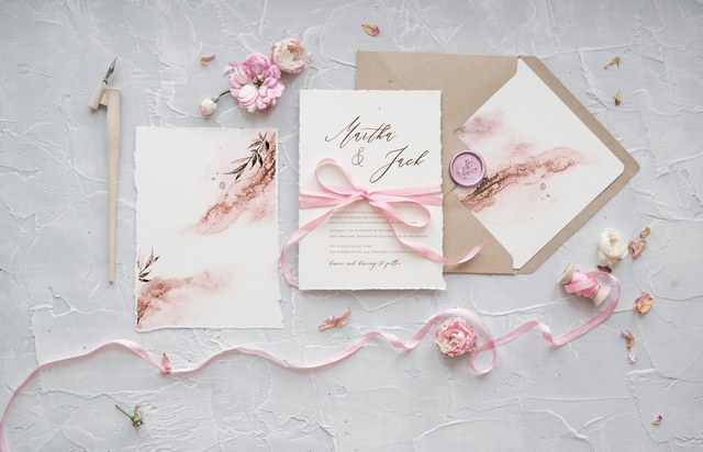 Kraft paper calligraphy pink wedding invitation
