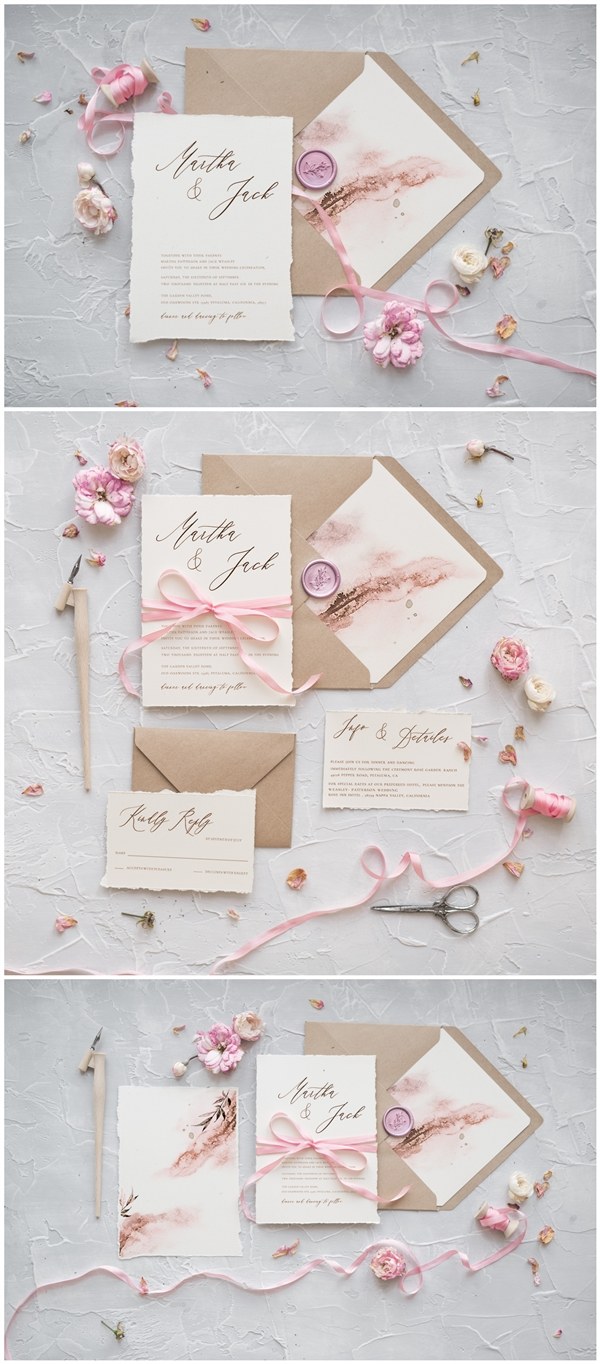 Kraft paper calligraphy pink wedding invitations