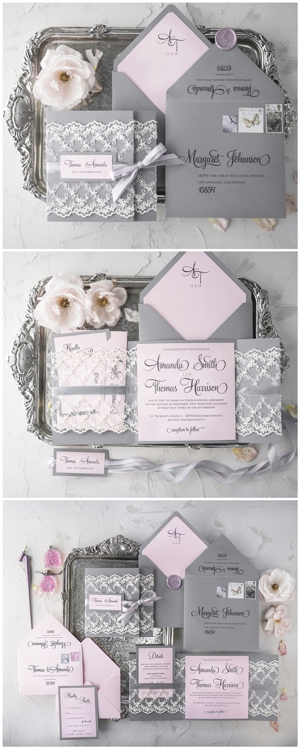 Pink and grey lace wedding invitations