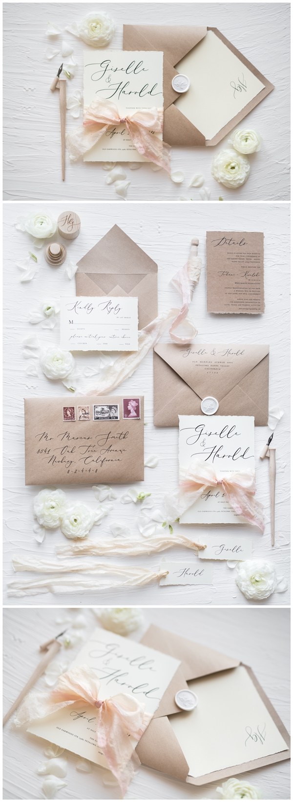 Rustic kraft paper calligraphy wedding invitations