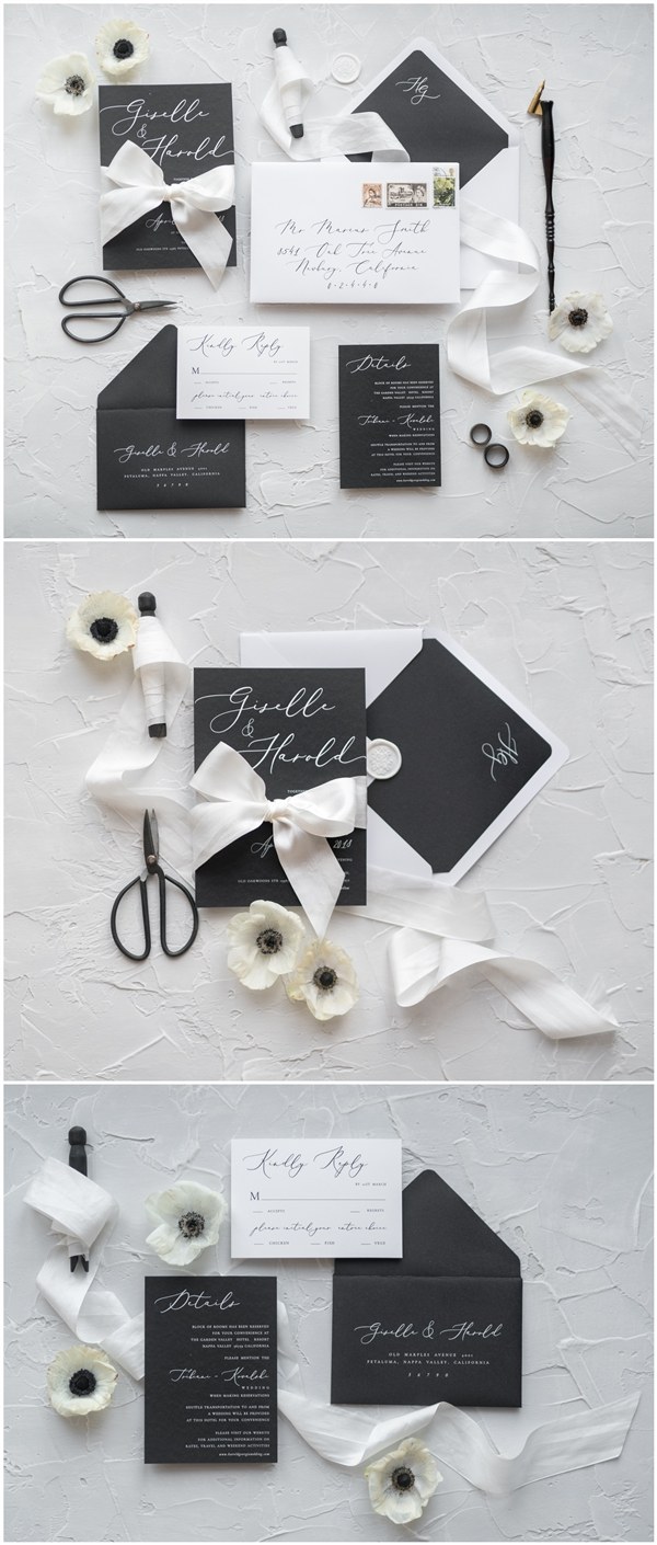White and black calligraphy wedding invitations