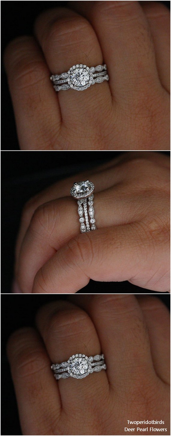 1.00cts Forever Classic Moissanite Round 6.5mm 14k White Gold Engagement Ring and Diamond Milgrain Wedding Ring Set