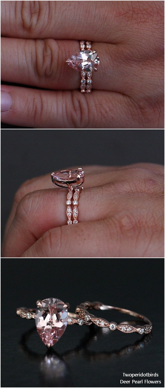 14k Rose Gold Wedding Ring Set with Morganite Pear 12x8mm and Diamond