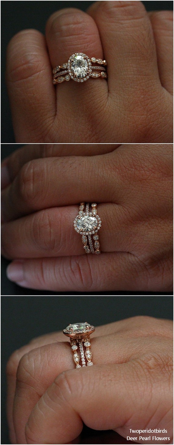 Brilliant Moissanite Oval 8x6mm and Diamond Half Eternity Engagement Ring and Diamond Milgrain Wedding Bands