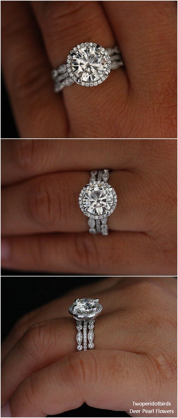 Brilliant Moissanite Round 9mm 14k White Gold Engagement Ring and Diamond Milgrain Wedding Ring Set