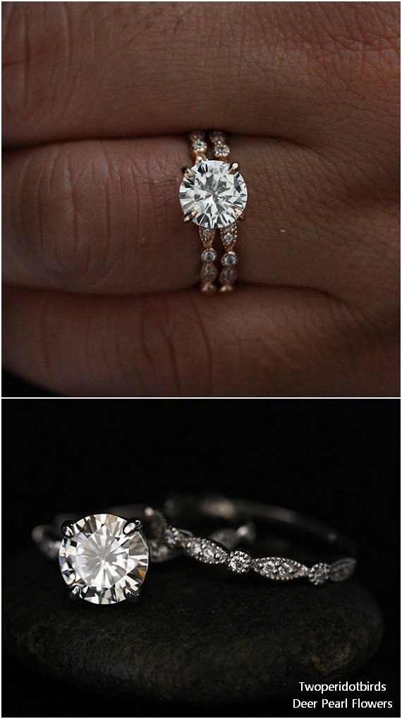 Engagement Ring with 8mm Classic Moissanite and Diamond Milgrain Band in 14k White Gold