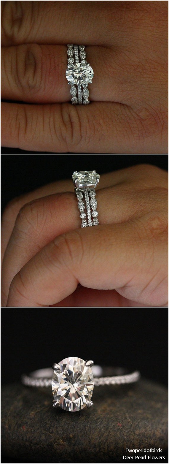 Moissanite Engagement Ring and Diamond Wedding Band Bridal Ring Set