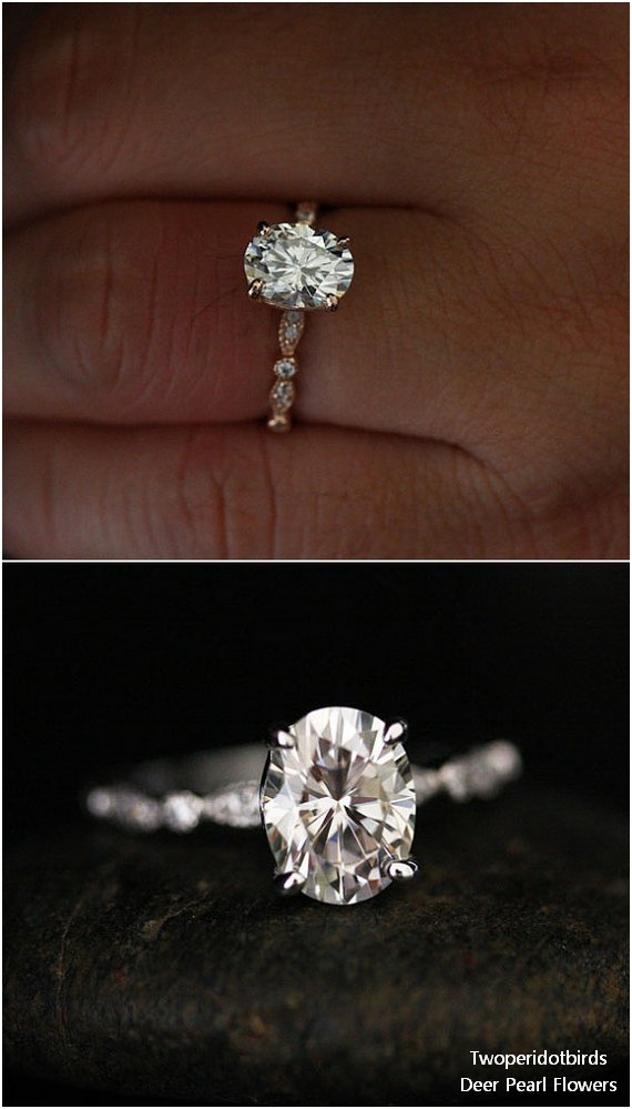 Moissanite Oval Engagement Ring with 9x7mm Classic Moissanite and Diamond Milgrain Band