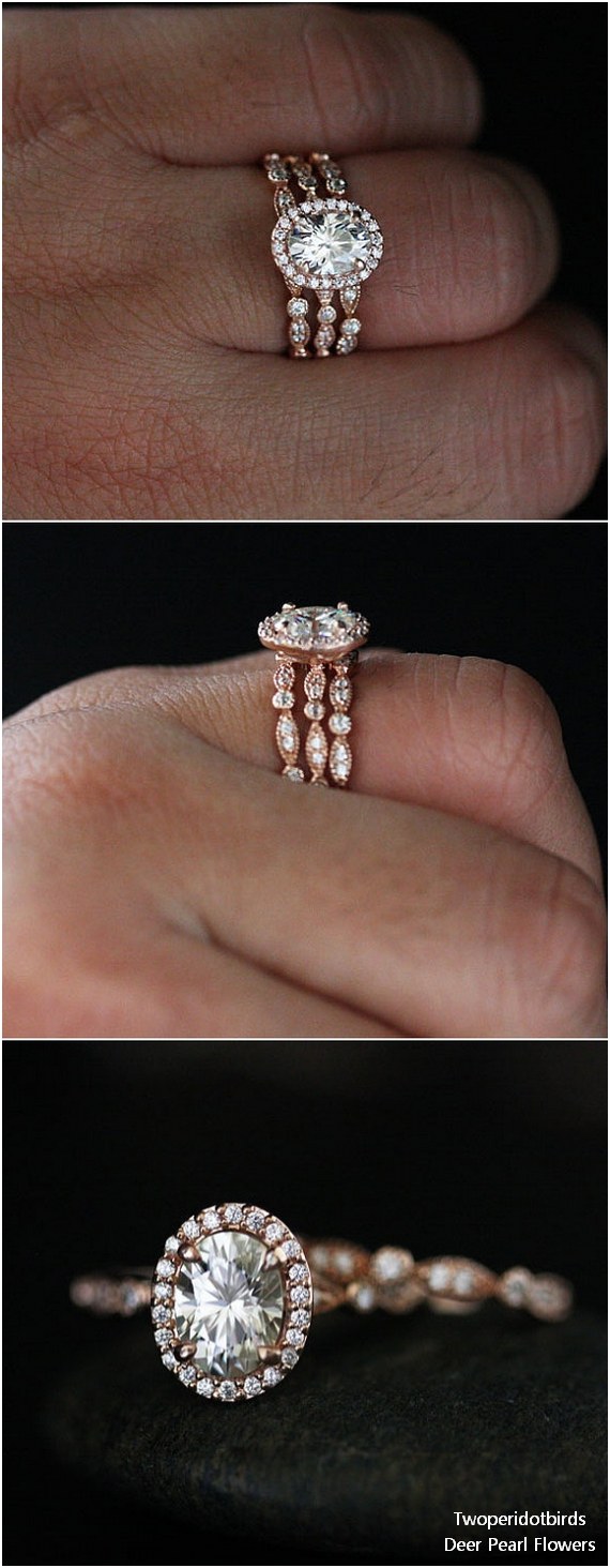 Wedding Band Set in 14k Rose Gold with Moissanite Oval 8x6mm and Diamond Halo