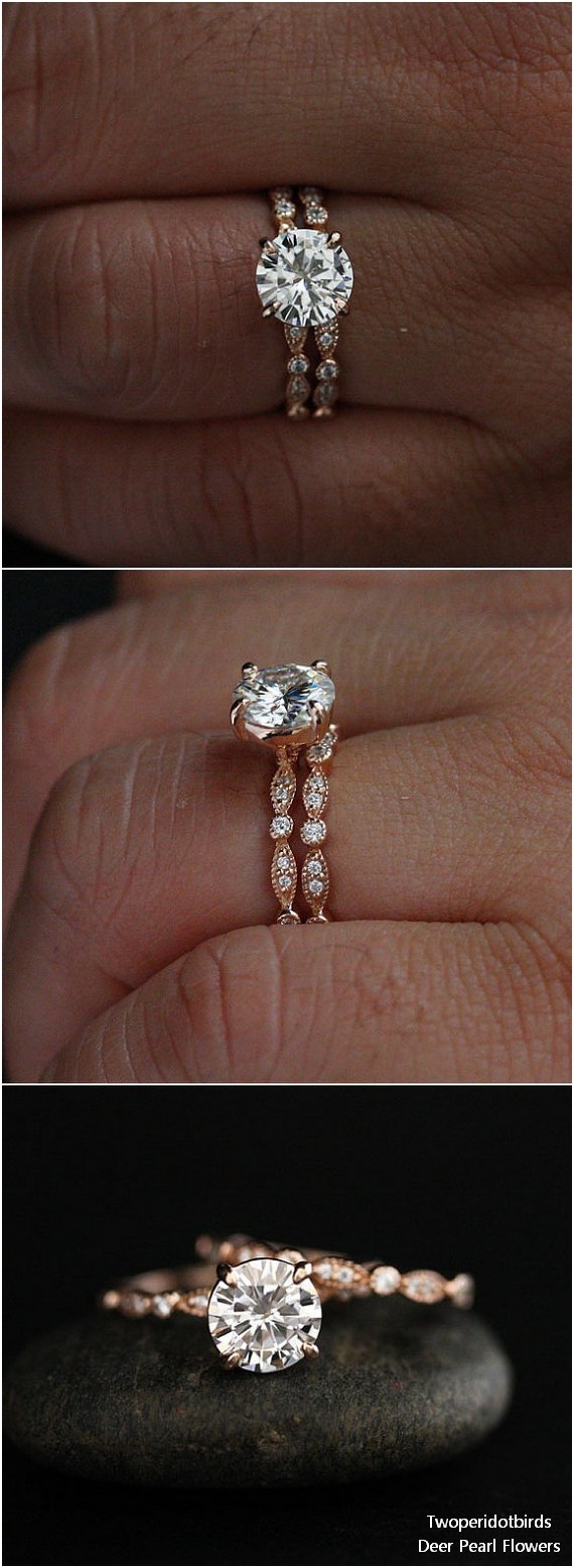 Wedding Ring Set with Moissanite Round Engagement Ring with 8mm Classic Moissanite and Diamond
