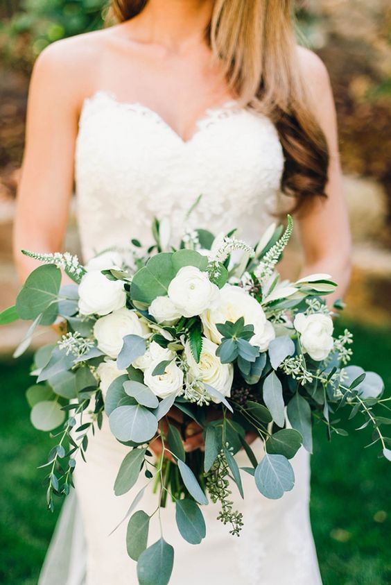 garden roses white ranunculus and eucalyptus wedding bouquet