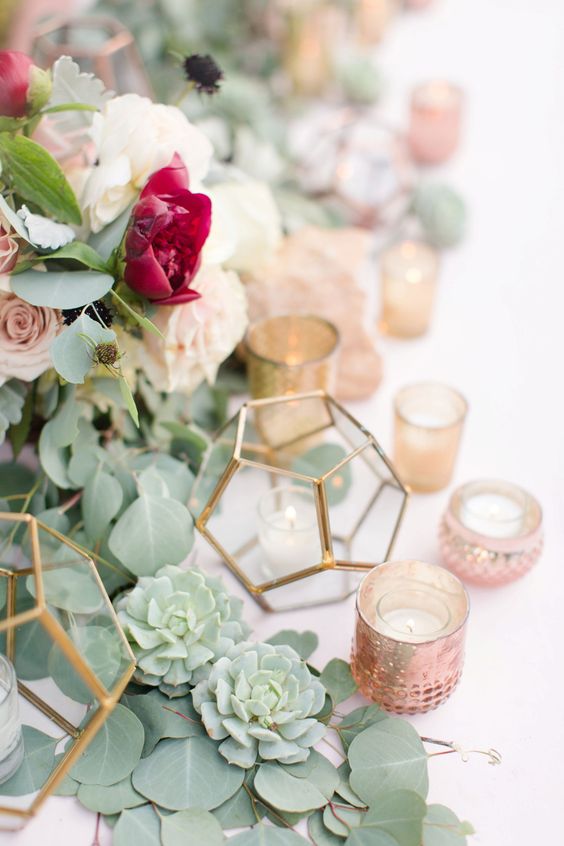 succulents white peonies eucalyptus and gold accents wedding centerpiece