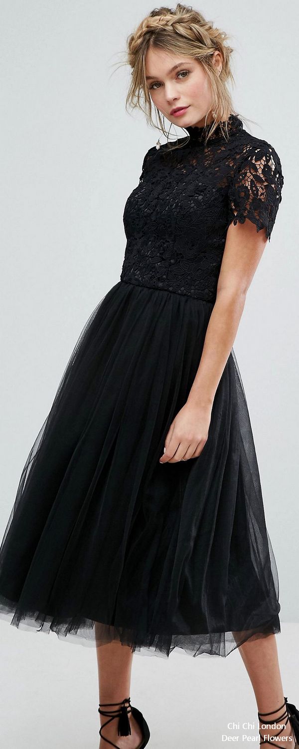 High Neck Lace Midi Dress With Tulle Skirt 8187344