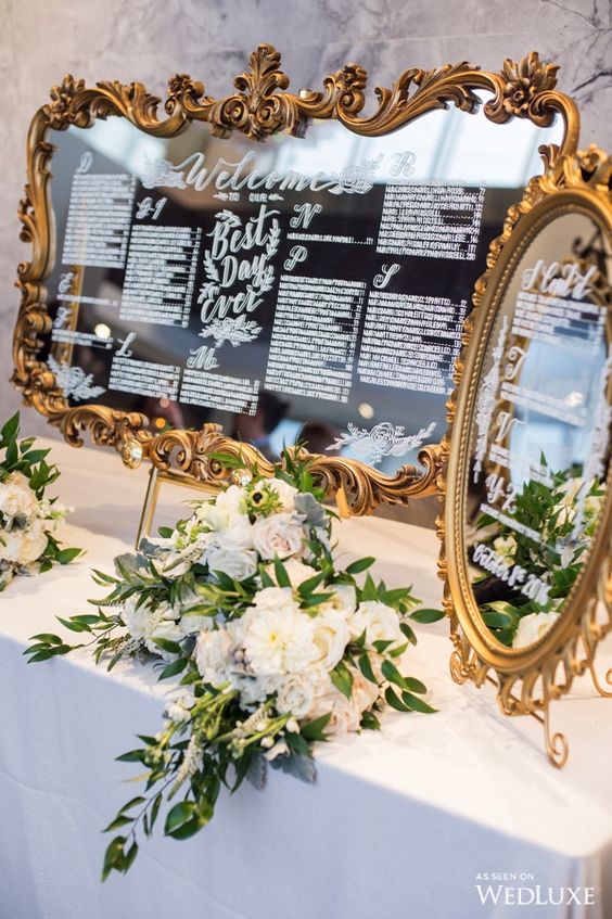 vintage gold baroque mirror wedding seating chart