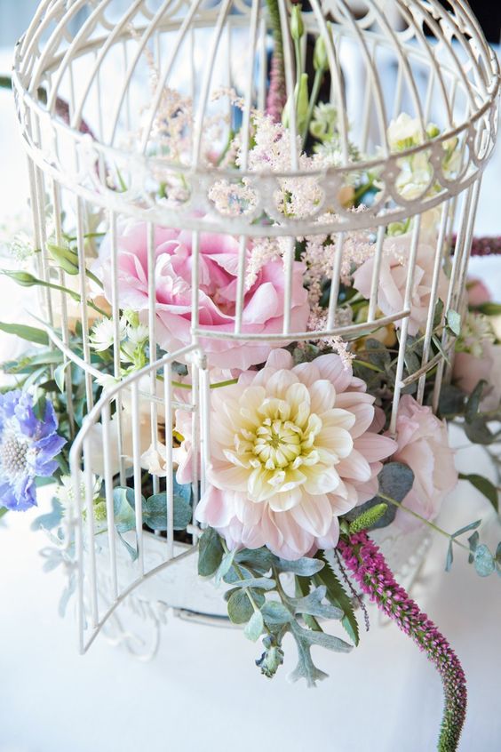 Birdcage Centrepiece Flowers Dahlia Peony Astible Romantic Candy Pink Pastels
