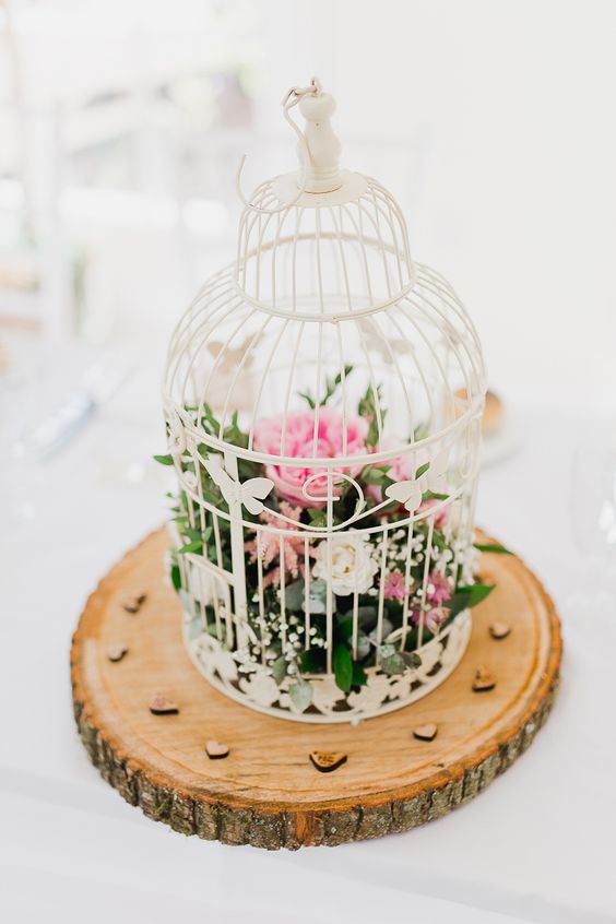 Birdcage Log Flowers Centrepiece Tweed Bow Ties Fresh Country Pink Green Wedding