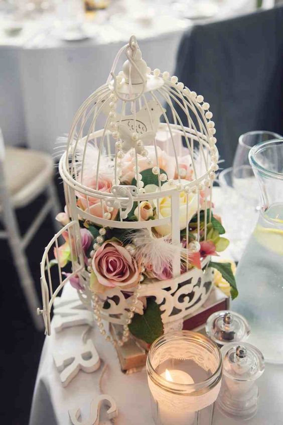 Birdcage table decoration wedding Shabby Chic Dusky pink & sage green Artificial flowers Pearls feathers