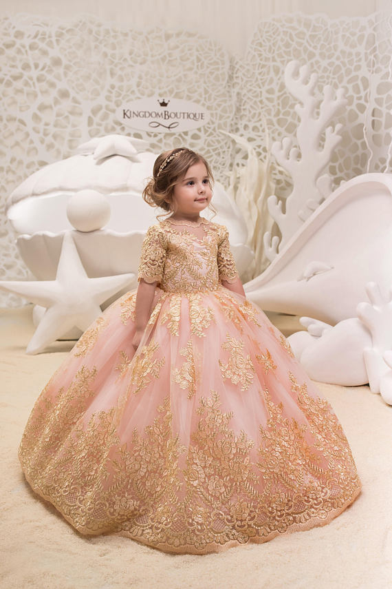Blush Pink and Gold Flower Girl Dress