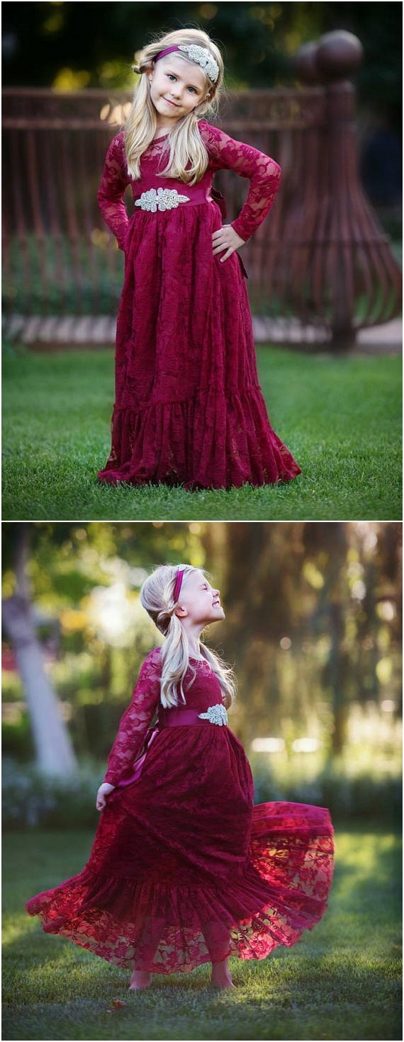 Burgundy lace flower girl dress