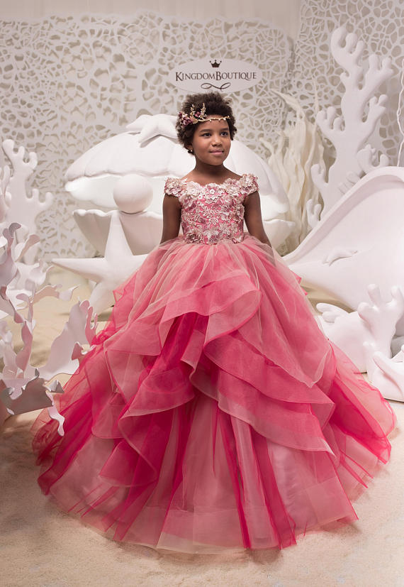 Cappuccino Fuchsia Lace Tulle Flower Girl Dress