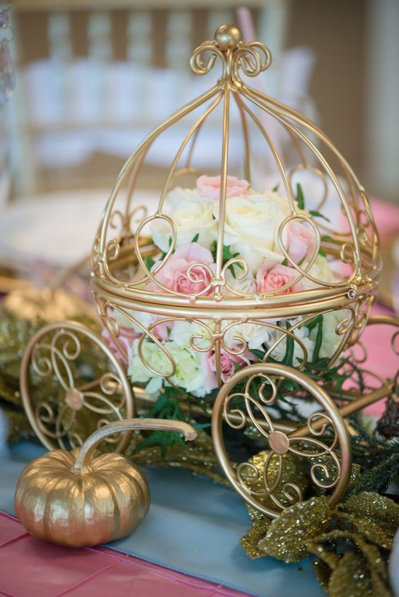Floral Arrangement inside a Mini Carriage Wedding Centerpiece