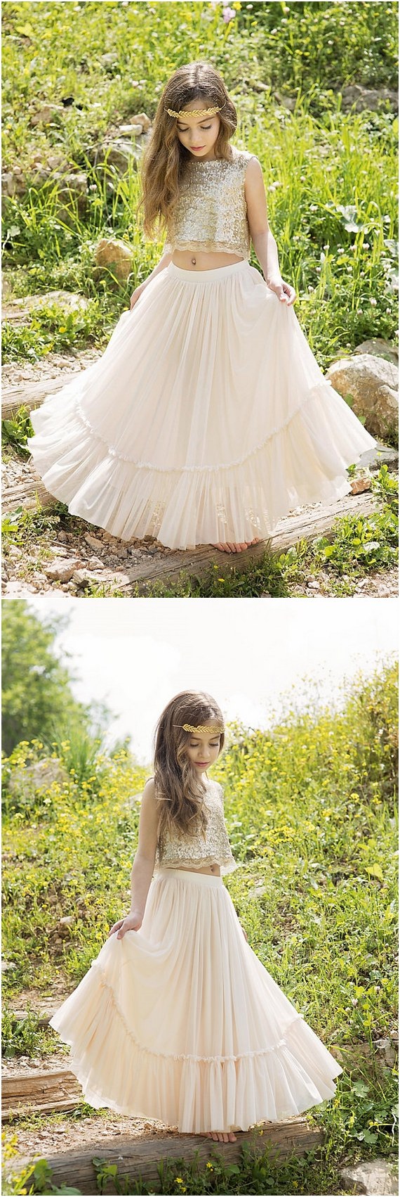 Gold Boho chic Flower Girl Dress