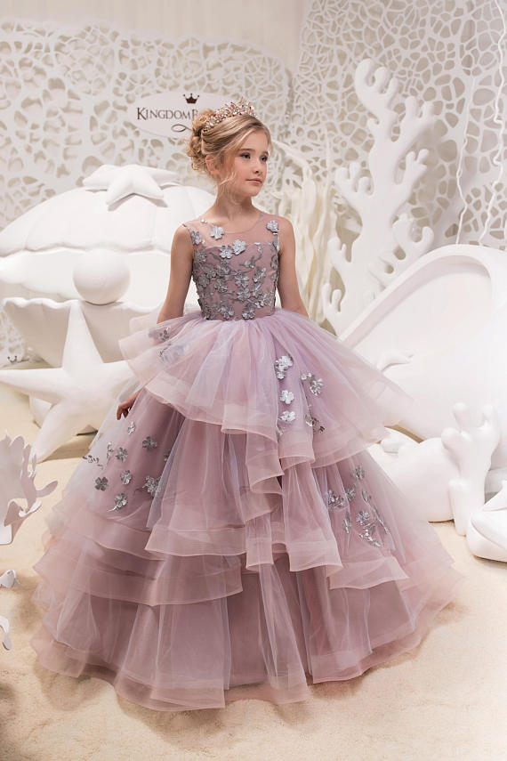 Gray and Pink Flower Girl Dress