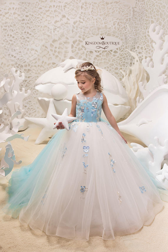 Ivory and Light Blue Flower Girl Dress