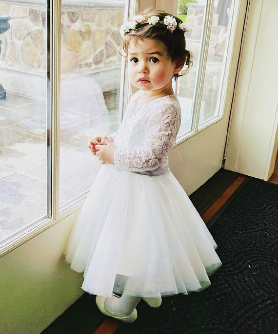 Long Sleeves Light Ivory Lace Tulle Flower Girl Dress With Silver Sash