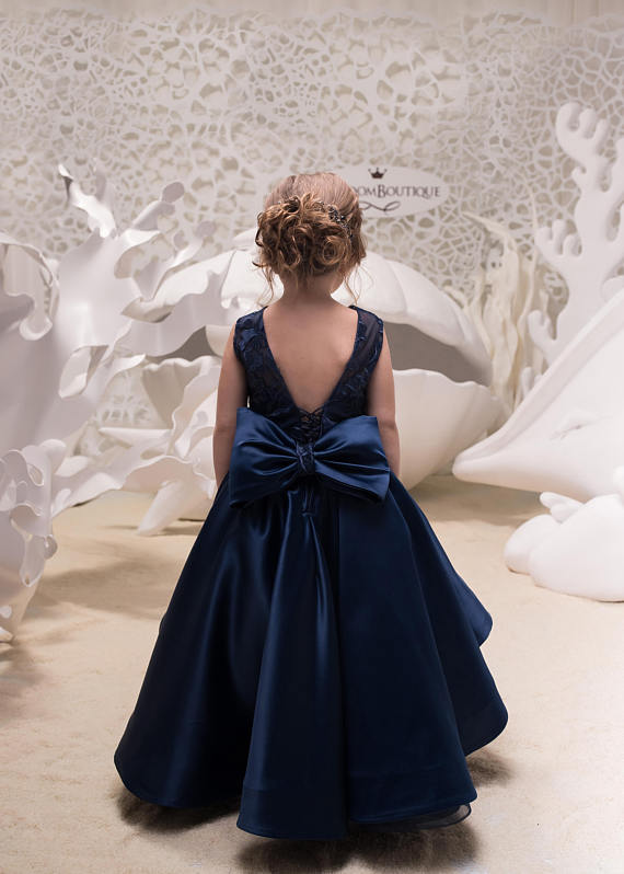 Navy Blue High Low Satin Flower Girl Dress 2