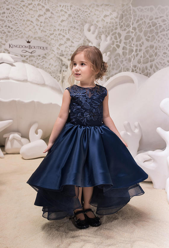 Navy Blue High Low Satin Flower Girl Dress