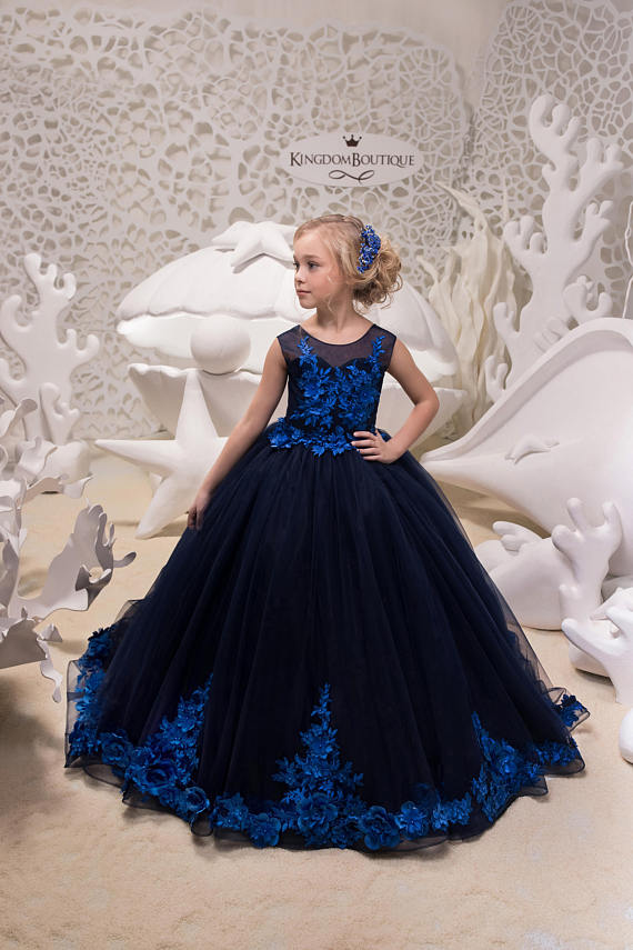Navy Blue Tulle Lace Dress