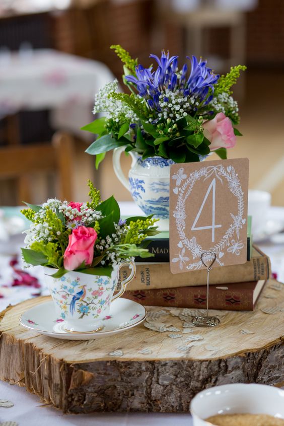 Tea Pot Tea Cup Flowers Log Centrepiece Decor