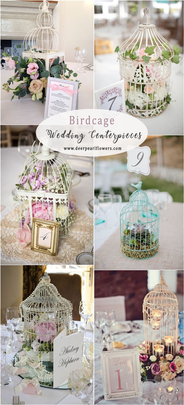 Vintage birdcages wedding centerpieces and table number