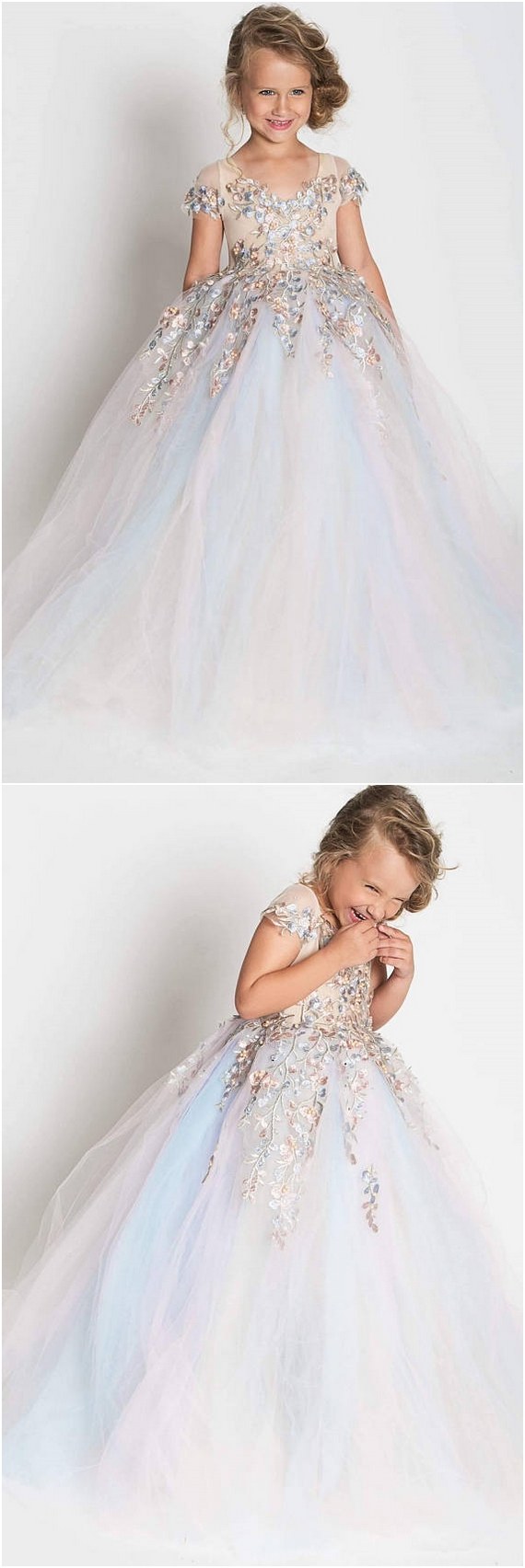 blue and pink embroidery flower girl tutu dress