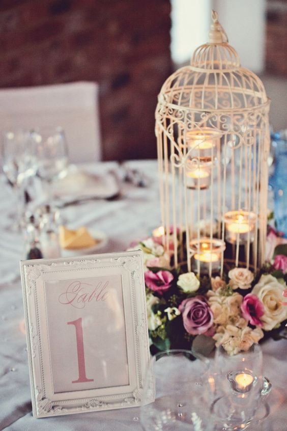vintage birdcage wedding centerpiece and table number
