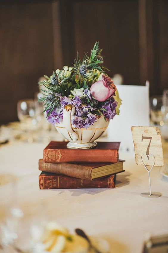 vintage teapot and books wedding centerpiece